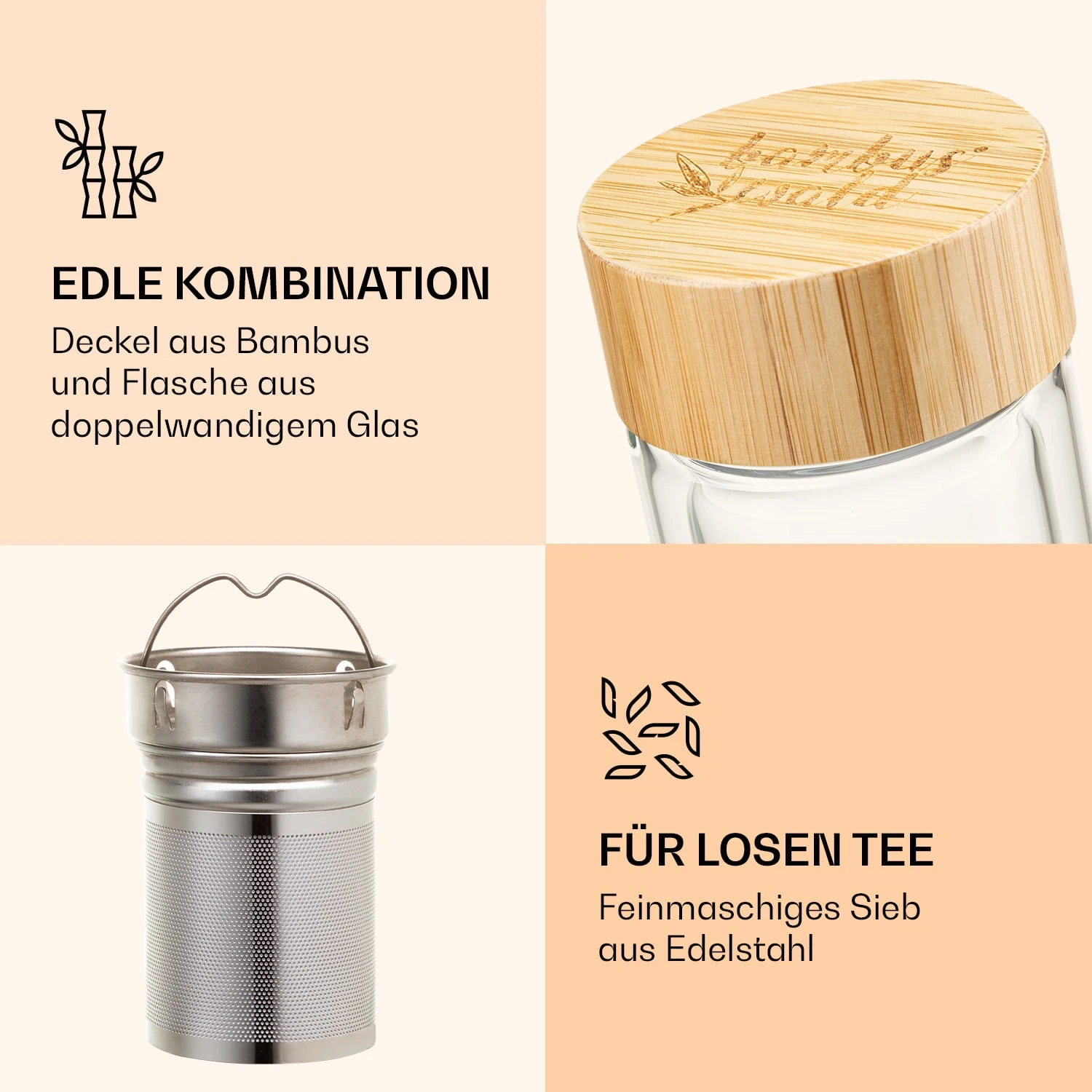 Teeflasche Mit Deckel Und Sieb 500 Ml Doppelwandiges Glas Bambus Hülle 3 Teeflasche Mit Deckel Und Sieb 500 Ml Doppelwandiges Glas Bambus Hülle – Bild 3
