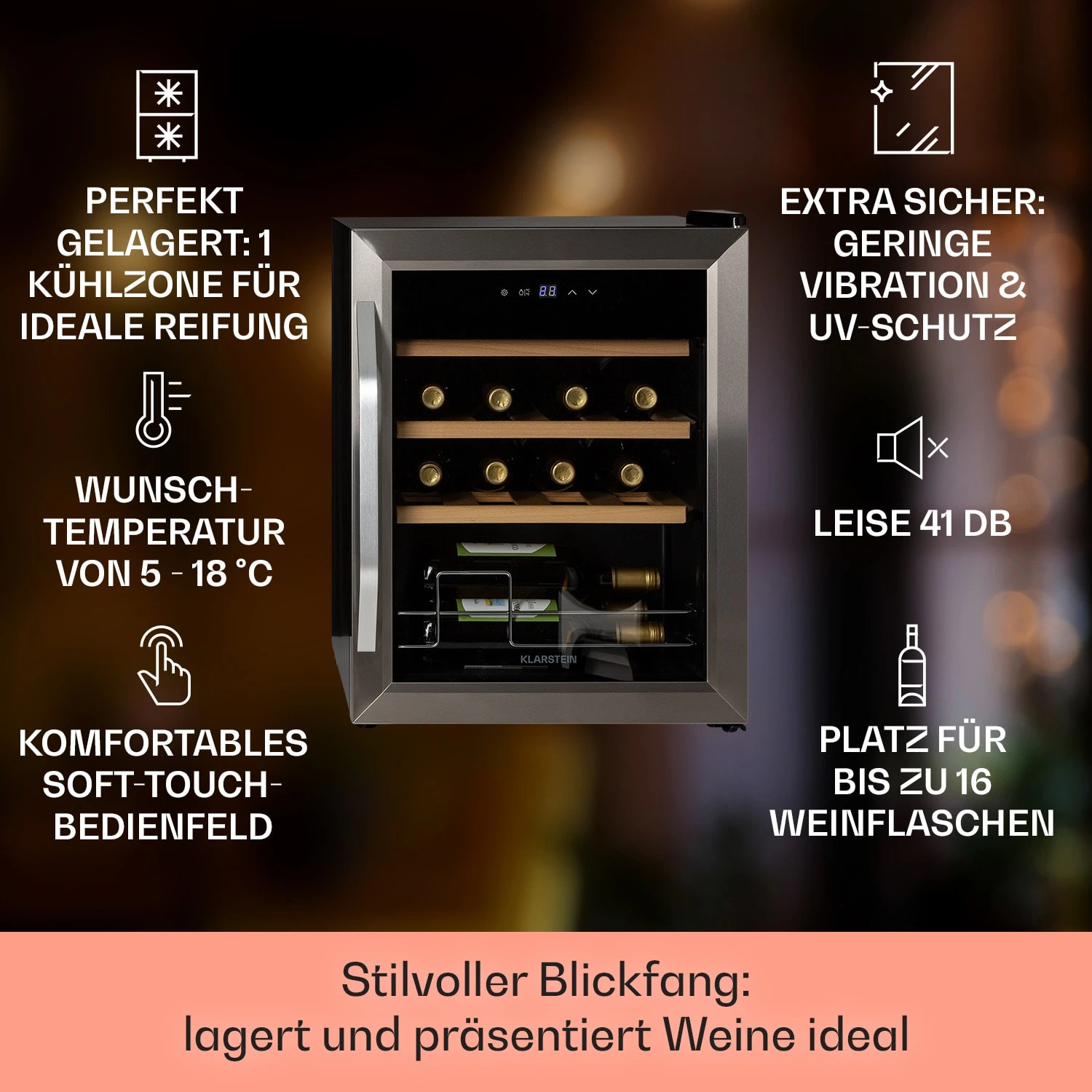 Vinamour 16 Uno Weinkühlschrank 16Fl./42l 5-18°C 41dB Glas 2 Vinamour 16 Uno Weinkühlschrank 16Fl./42l 5-18°C 41dB Glas – Bild 2