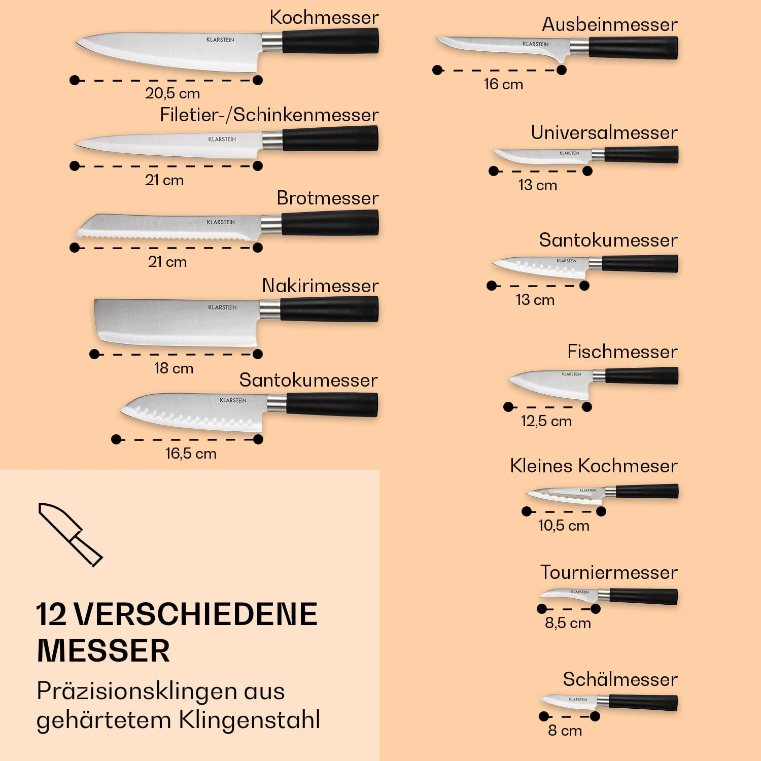 Kitano XL 13tlg. Messer-Set Mit Block 12 Messer Stahl Edler Holzblock 3 Kitano XL 13tlg. Messer-Set Mit Block 12 Messer Stahl Edler Holzblock – Bild 3
