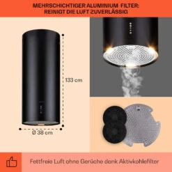 Bolea Inselabzugshaube Ø38cm Ab-/Umluft 600m³/h LED Inkl. Aktivkohlefilter -Klarstein 10041223 de 0005 usp