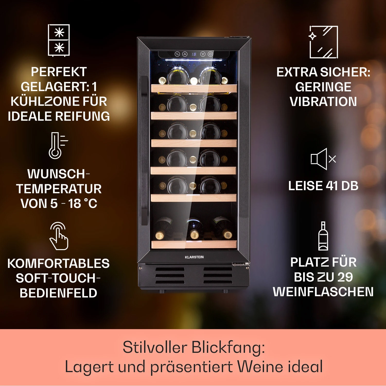 Vinovilla 29 Built-In Weinkühlschrank 81 L / 29 Fl. 1 Zone Glastür Edelstahl 2 Vinovilla 29 Built-In Weinkühlschrank 81 L / 29 Fl. 1 Zone Glastür Edelstahl – Bild 2